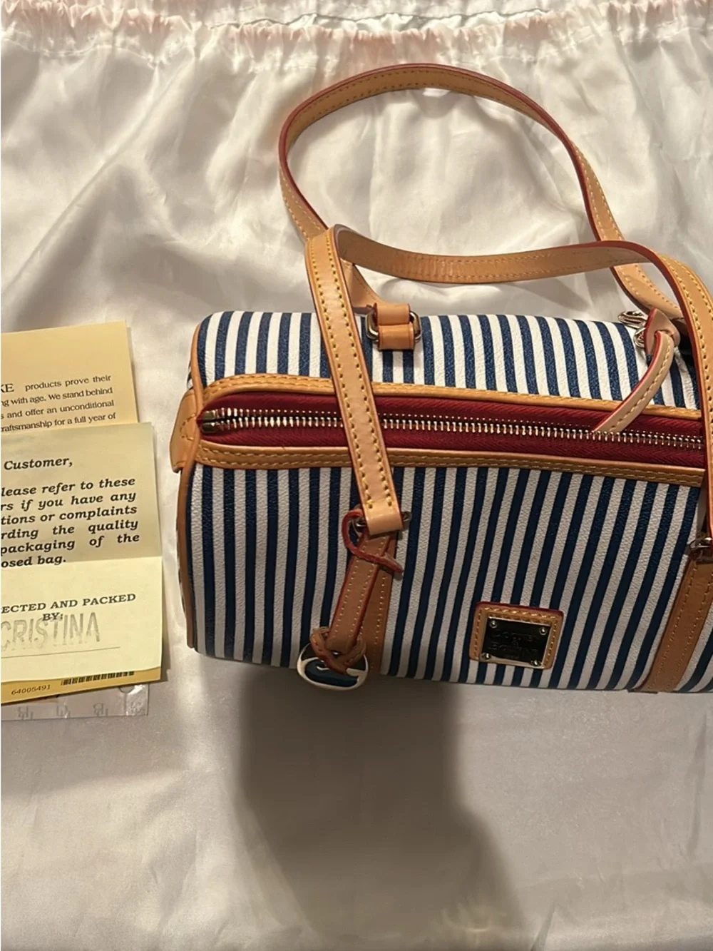 Dooney & Bourke Blue and White Striped Satchel with Tan Trim